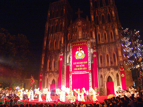 celebration in front of the cathedral - vietnam, cathedral, church, hanoi, red