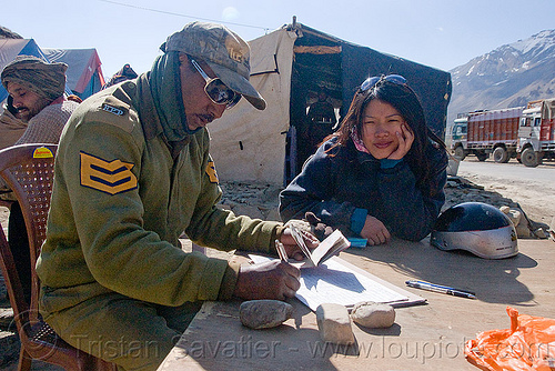 check-point at sarchu - manali to leh road (india), check-point, grace liew, himachal pradesh police, hpp, indian army, ladakh, law enforcement, man, military, police officer, sarchu, soldier, uniform, woman