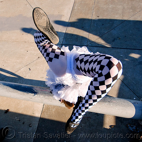 checker pattern tights (stockings), catie, checker pattern, handstand, islais creek promenade, stockings, superhero street fair, tights, tutu, woman