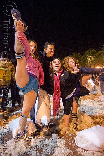 cheerleaders at the great san francisco pillow fight 2009, down feathers, night, pillows, women, world pillow fight day