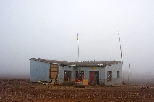 chile-bolivia border station near san pedro de atacama, altiplano, bolivia, border crossing, border line, border post, chile, custom house, customs, fog, hazy, international border, misty, pampa, san pedro de atacama