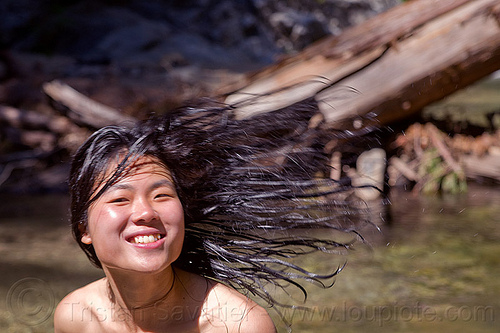chinese girl bathing in river, bath, bathing, big sur river, chinese woman, hiking, pine ridge trail, sykes hot springs, tree trunk, trekking, vantana wilderness