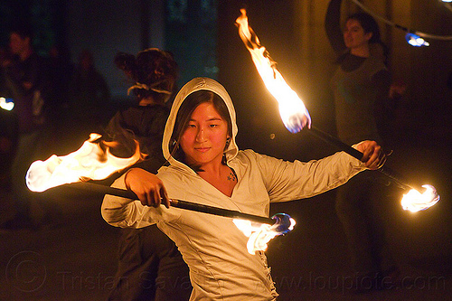 chinese girl spinning double fire staff - mel, fire dancer, fire dancing, fire performer, fire spinning, fire staffs, mel, night, staves double, woman