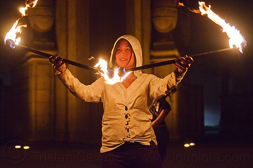 chinese girl with fire staffs - fire performer, double staff, fire dancer, fire dancing, fire performer, fire spinning, fire staffs, mel, night, staves, woman