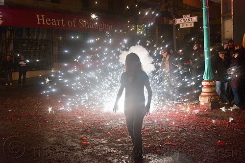 chinese new year in chinatown (san francisco), backlight, chinatown bang, chinese new year, explosion, firecrackers, grant st, heart of shanghai, lunar new year, night, pyrotechnics, silhouette, smoke, sparks, woman