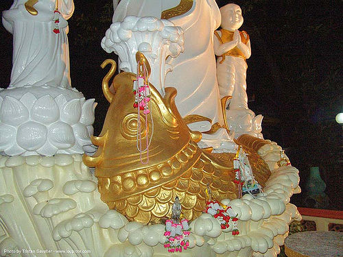 chinese temple - sculptures - golden fish - tha ton - near fang (thailand), chinese temple, fish, golden color, night, sculptures, tha ton