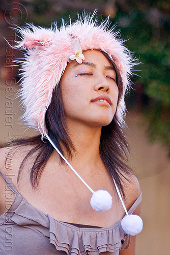 chinese woman - pink fuzzy hat, amber, fuzzy hat, pink, pom-poms, pom-pons, woman