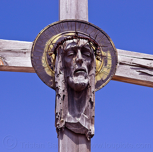 christ with barbwire crown, alps, barbwire, blue sky, crown, crucifix, dolomites, head, jesus christ, monte paterno, mountains, parco naturale dolomiti di sesto, sculpture, wood, wooden cross