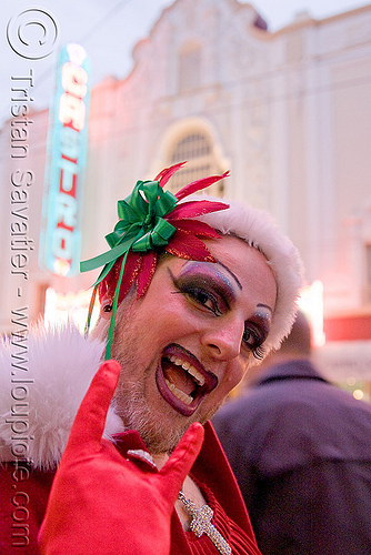 christmas in san francisco, beard, castro, christmas, costumes, drag queen, knot, makeup, man, nun, ribbon, santa claus, santacon, santarchy, santas