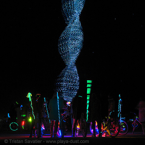 christmas lights hanging from a helium balloon - burning man 2006, art installation, beanstalk, burning man at night, david rattray, mike light, that's one tall fucking thing, wil van hazel
