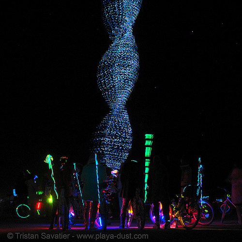 christmas lights hanging from a helium balloon - burning man 2006, art installation, beanstalk, burning man at night, david rattray, mike light, that's one tall fucking thing, wil van hazel