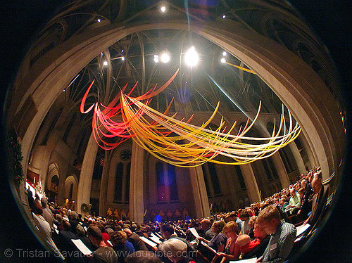 christmas mass at grace cathedral, san francisco, christmas mass, fisheye, grace cathedral san francisco, midnight, streamers, xmas
