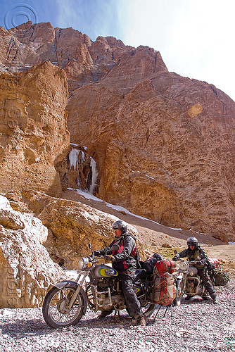 christoph and ben negotiating a difficult nullah before pang - manali to leh road (india), 350cc, ben, christoph, ladakh, motorcycle touring, motorcycles, mountain river, mountains, nullah, road, royal enfield bullet, stream