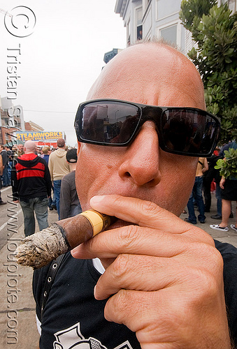 cigar smoking man - up your alley fair (san francisco), ashes, bald head, cigar smoking, man, sunglasses