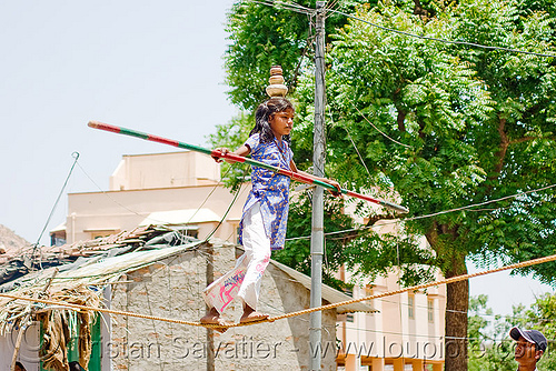 circus performer in village - young girl balancing on slack rope - near udaipur (india), artist, balancing, circus, girl, performer, slack rope, udaipur