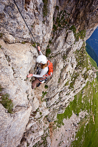 cliff climbing - via ferrata col rodella - dolomites, alps, cliff, climber, climbing harness, climbing helmet, dolomites, dolomiti, mountain climbing, mountaineer, mountaineering, mountains, rock climbing, vertical, via ferrata col rodella, woman