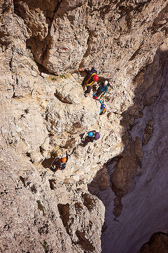 climbers on passo santner via ferrata - dolomites, alps, climbers, climbing helmet, dolomites, dolomiti, ferrata santner, mountain climbing, mountaineer, mountaineering, mountains, rock climbing, via ferrata del passo santner