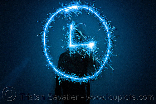 clock icon - light painting with a blue sparkler, blue, clock, dark, icon, light drawing, light painting, sarah, silhouette, sparklers, sparkles, symbol, time