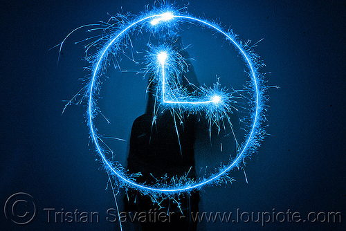 clock - light painting with a blue sparkler, blue, clock, dark, icon, light drawing, light painting, sarah, silhouette, sparklers, sparkles, symbol, time