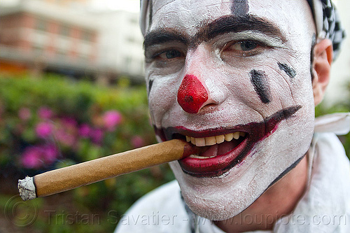 clown smoking cigar, cigar, clown makeup, face-paint, fire dancer, fire dancing expo, fire performer, man, smoking, temple of poi