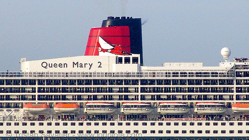 coast guard helicopter in front of cruise ship queen mary 2 in san francisco bay, aircraft, boats, cruise ship, cunard, helicopter, helo, qm2, queen mary 2, queen mary ii, san francisco bay, sf bay, ships, us coast guard, uscg