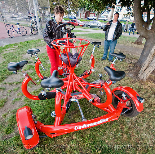 cobi - the conference bike, cobi bike, conference bike, eric staller, grass, human powered, lawn, pedal powered, red, vehicle