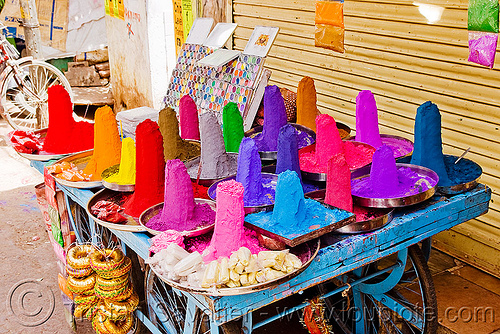 color pigments in street market - pushkar (india), colorful, coloring, die, dyes, pigments, powder, pushkar, rainbow color, stall, street market, street seller