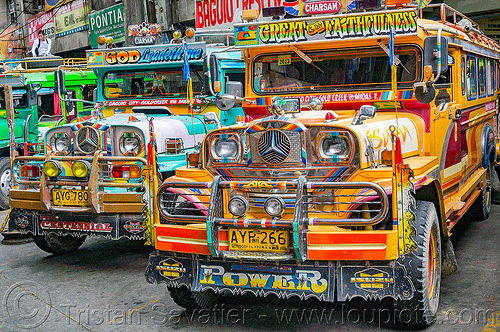 colorful jeepneys parked at jeepney station in baguio (philippines), baguio, colorful, decorated, front grill, jeepneys, painted, road, truck