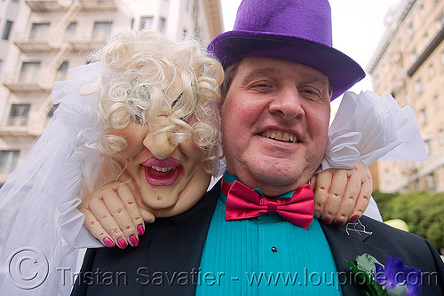 colorful man with his bride - brides of march (san francisco), bow tie, bride, brides of march, dickie bow, green shirt, man, purple hat, wedding, white