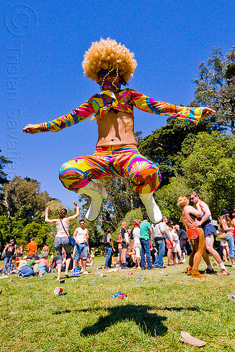 colorful woman jumping, afro hair, bay to breakers, footrace, golden gate park, jump, jumpshot, lawn, street party, woman