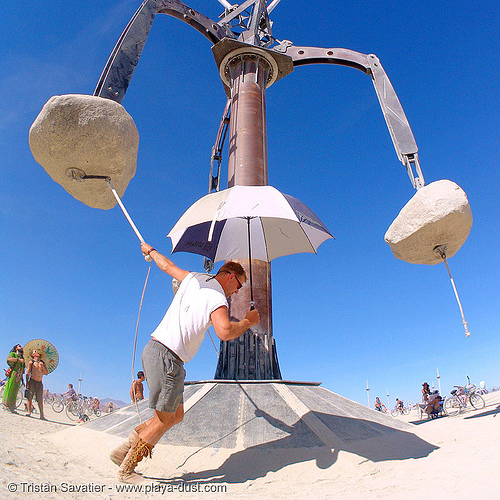 colossus by zachary coffin - burning man 2005, art installation, colossus, mast, rope, umbrella, zachary coffin