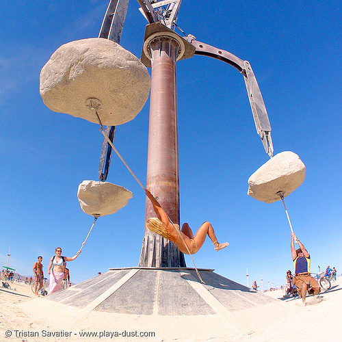 colossus by zachary coffin - burning man 2005, art installation, colossus, hanczaryk, hanging, mast, ropes, zachary coffin