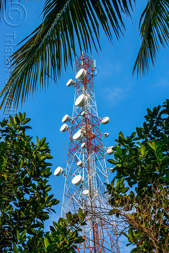 communication tower with microwave repeaters, communication tower, microwave repeaters