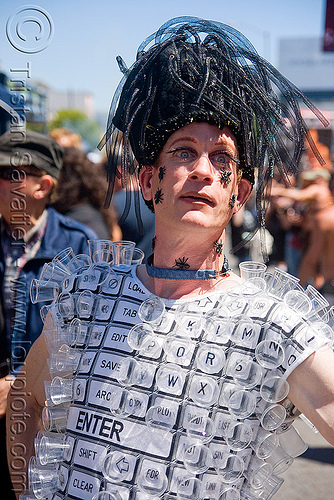 computer keyboard costume - dore alley fair (san francisco), computer keyboard, costume, fashion electronics, makeup, man, plastic flies, wearable technology