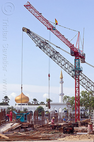 construction cranes - mosque, borneo, building construction, construction site, construction workers, cranes, islam, malaysia, man, minaret, miri, mosque, rebars, safety helmet, tower