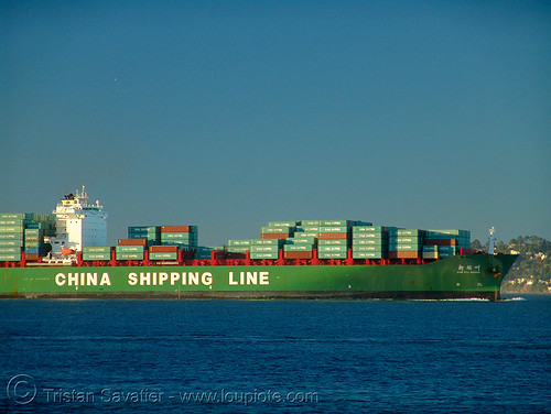 container ship - china shipping line, blue, boat, box ship, cargo ship, china shipping line, chinese, container ship, containers, ocean, red, sea