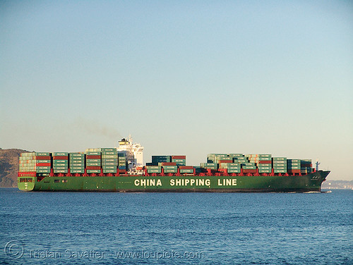 container ship - china shipping line, blue, boat, box ship, cargo ship, china shipping line, chinese, container ship, containers, ocean, red, sea