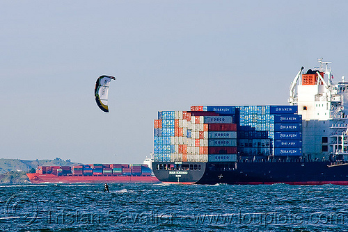 container ships and a kite surfer (san francisco), boat, box ships, cargo ships, container ships, containers, hanjin montevideo, kite surfer, ocean, sea, ship, shipping, south korean