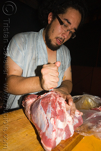 cook preparing meat, argentina, asado, chef, cook, hostel clan, knife, man, noroeste argentino, raw meat