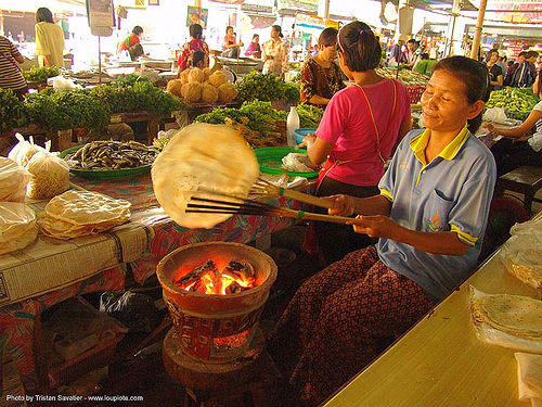 cooking pancakes in a market - thailand, asian woman, cooking, fire, pancakes