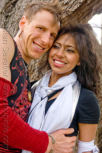 couple - bay to breakers (san francisco), bay to breakers, costume, footrace, man, red, street party, tree, white scarf, woman