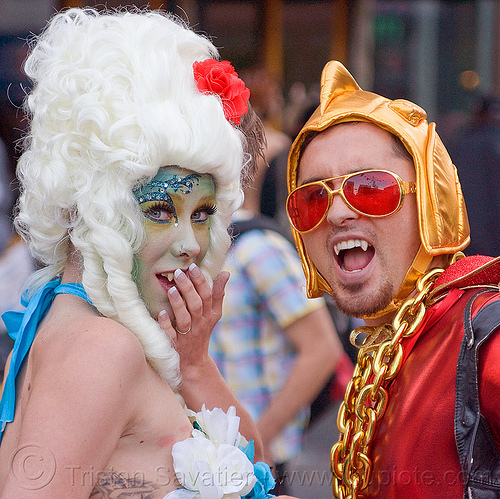 couple in weird vampires costumes - how weird street fair (san francisco), bindis, costume, facepaint, golden chain, golden helmet, man, marie antoinette wig, mostumes, red sunglasses, vampires