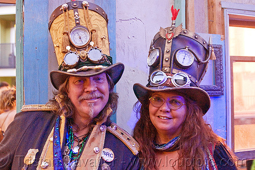 couple with steampunk hats - burning man decompression (san francisco), goggles, leather hat, man, steampunk, stovepipe hats, woman
