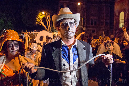 cowboy with lasso - dia de los muertos, cowboy, day of the dead, dia de los muertos, face painting, facepaint, halloween, hat, lasso, man, night, rope, sugar skull makeup