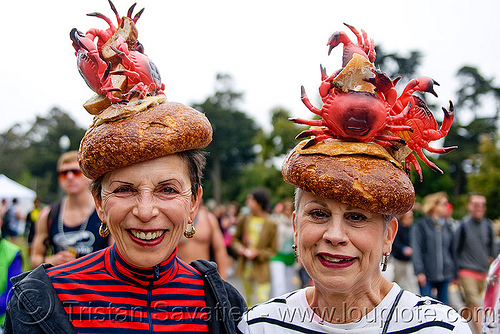 the crabs and bread hats women, bay to breakers, boudin bread, cocktail hats, crabs, footrace, older, runners, senior, street party, women