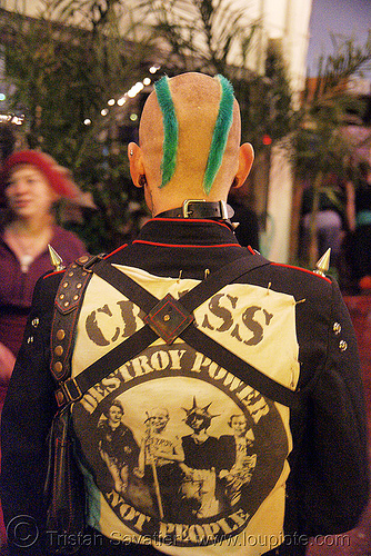 crass - destroy power, not people - jelly's (san francisco), anarchist, anarchy, crass, destroy power not people, jacket, man, mohawk hair, punk