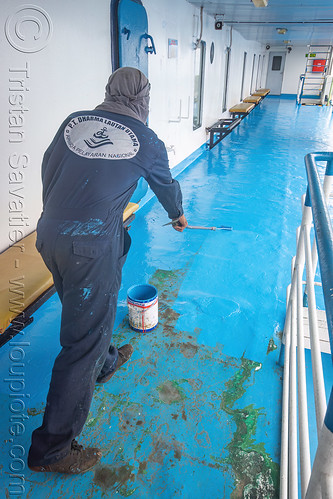 crewman repainting rusted ferry deck, boat, deck, dharma ferry, exterior, ferryboat, man, painting, ship