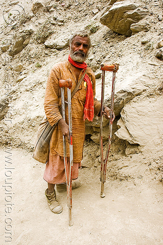 crippled hindu man resting - crutches - amarnath yatra (pilgrimage) - kashmir, amarnath yatra, beard, crippled, crutches, hindu pilgrimage, hinduism, kashmir, mountain trail, mountains, old man, pilgrim