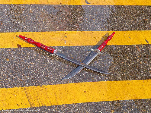 crossed swords on street - songkran festival (thai new year) in chiang mai (thailand), chiang mai, crossed, daggers, songkran, swords, thai new year, สงกรานต์, เชียงใหม่