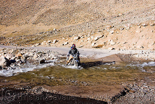 crossing a pretty deep nullah - road to chang-la pass - ladakh (india), 500cc, chang pass, chang-la pass, fording, ladakh, man, motorcycle touring, mountains, nullah, river bed, river crossing, road, royal enfield bullet, stream